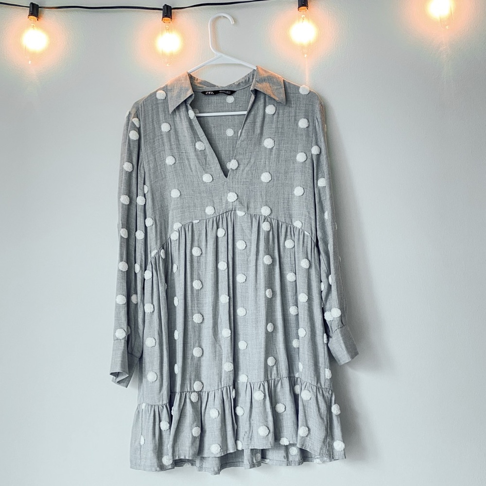 Zara | grey polka dot baby doll shirt mini dress